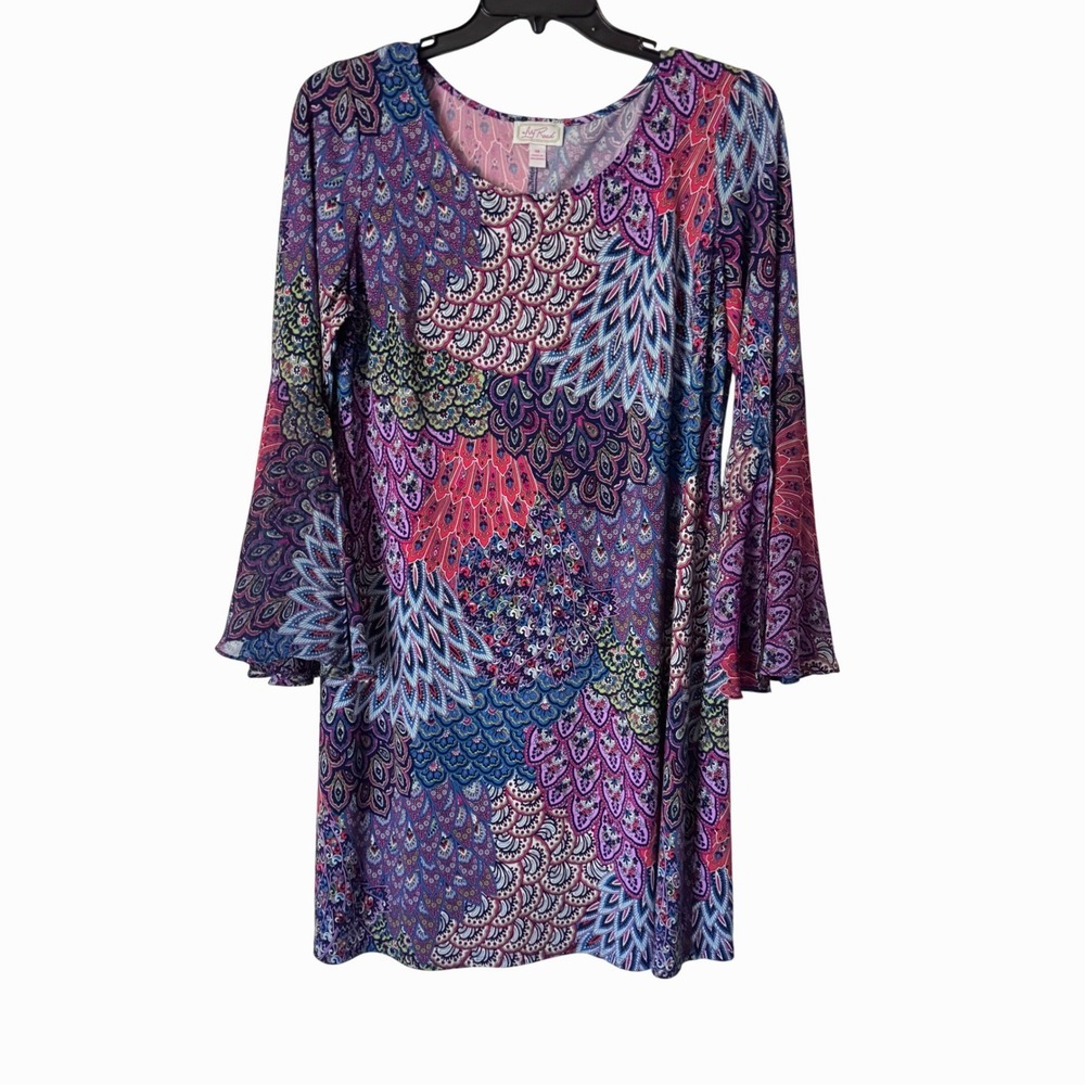 Ivy Road Dress Paisley Peacock Print Women 1X Multicolor Bell Sleeve Boho